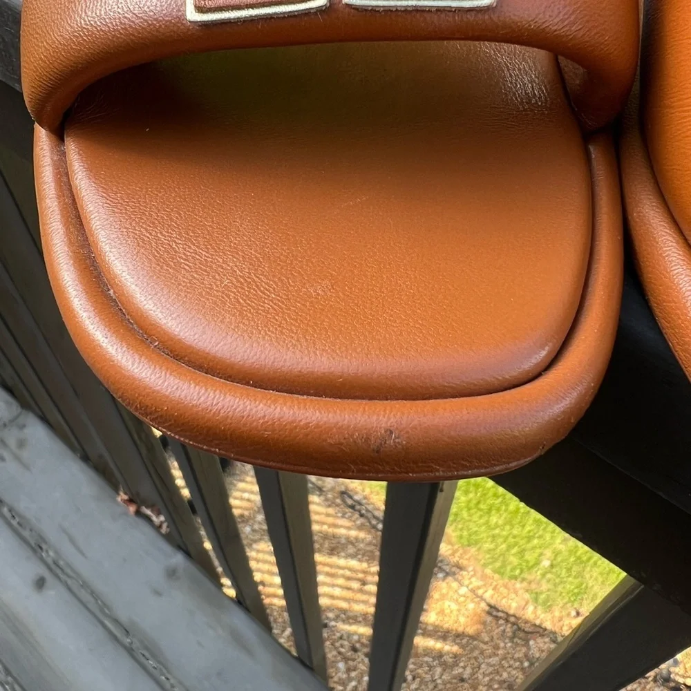 Tory Burch Tan Slide Sandals with Embossed Detailing. #30